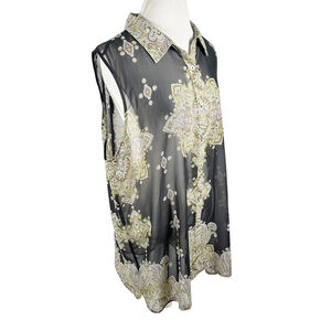 Susan Graver Tunic Length Sleeveless Button Shirt Paisley Topper Vest Size XL
